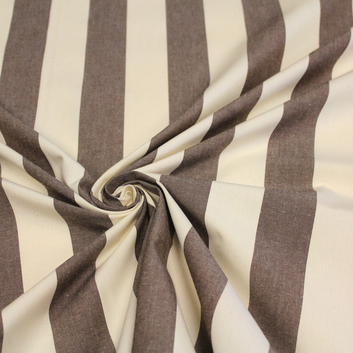 Tissu toile transat de coton HONFLEUR aux rayures marron & écrues - Fabrication française