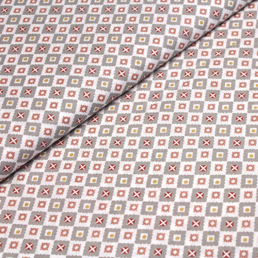 Tissu de coton AZULEJOS aux carreaux et motifs géométriques, tons gris & corail - OEKO-TEX® - tissuspapi