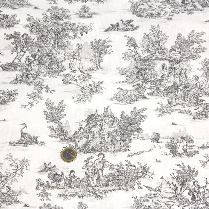 Tissu de coton toile de Jouy traditionnelle, grande largeur 280cm, fond écru & motif gris - Oeko-Tex - tissuspapi