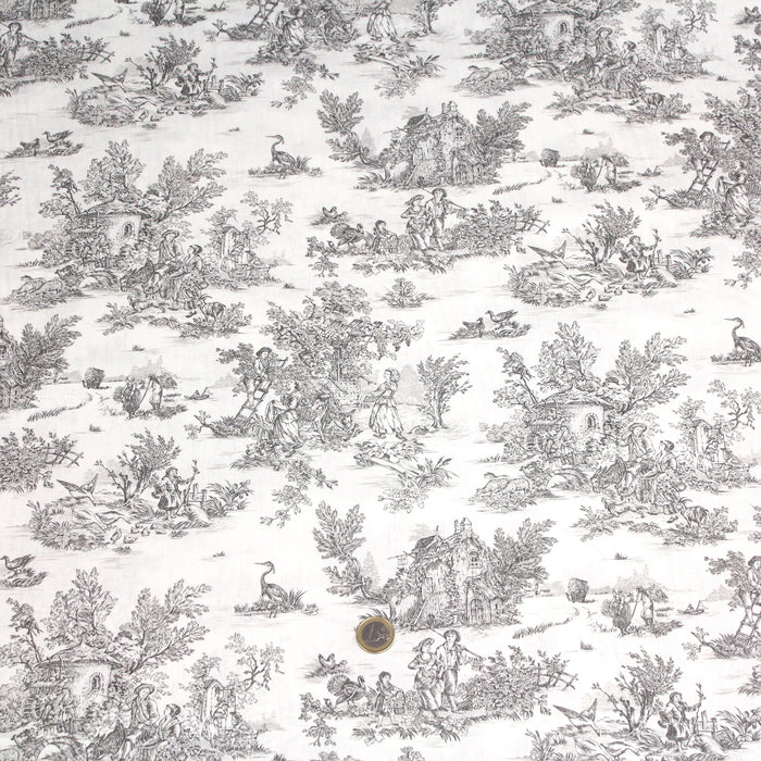 Tissu de coton toile de Jouy traditionnelle, grande largeur 280cm, fond écru & motif gris - Oeko-Tex
