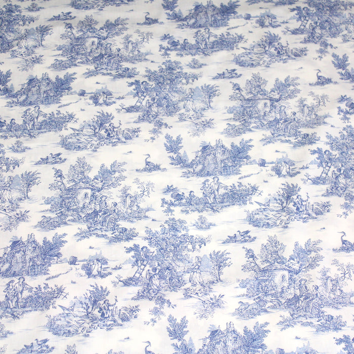 Tissu de coton toile de Jouy traditionnelle, grande largeur 280cm, fond écru & motif bleu - Oeko-Tex
