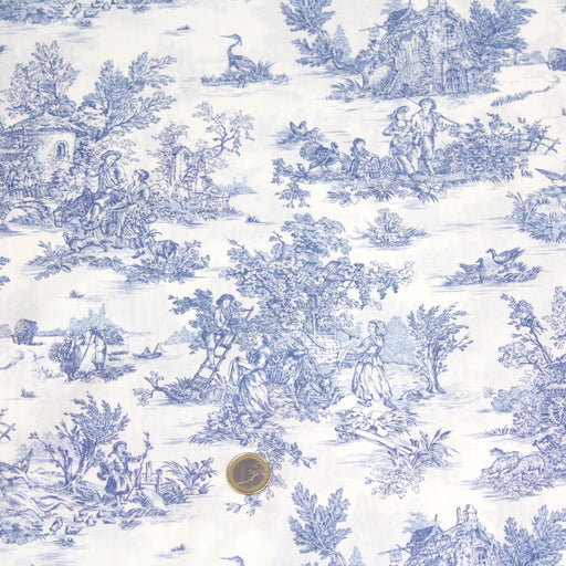 Tissu de coton toile de Jouy traditionnelle, grande largeur 280cm, fond écru & motif bleu - Oeko-Tex - tissuspapi