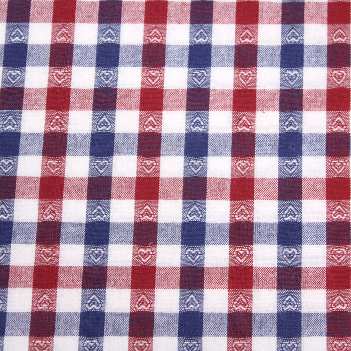 Tissu de coton VICHY bleu blanc rouge à petits coeurs & carreaux 1cm - Oeko-Tex