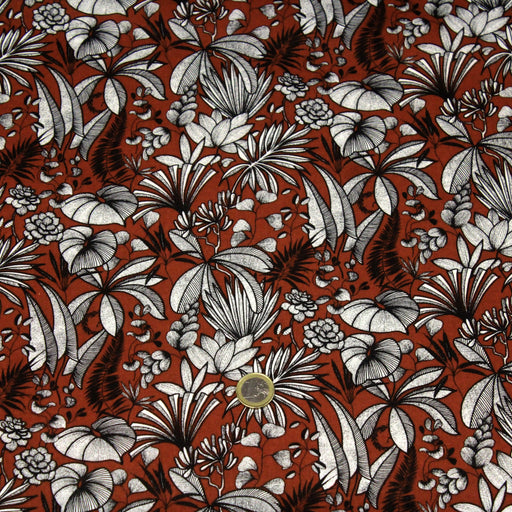 Tissu de coton JAVA aux fleurs & feuilles noires et blanches, fond rouge tomette - Oeko-Tex - tissuspapi