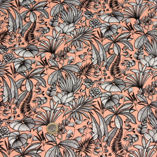 Tissu de coton JAVA aux fleurs & feuilles noires et blanches, fond corail - Oeko-Tex - tissuspapi