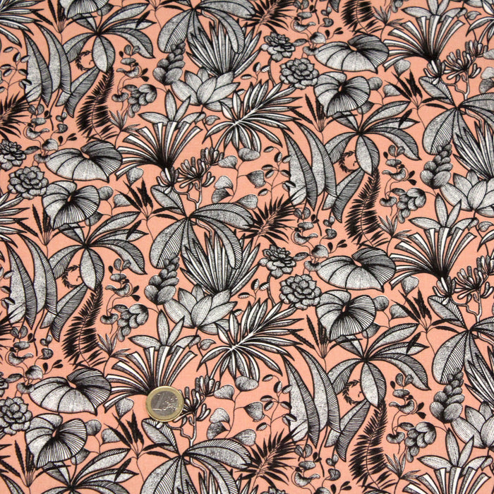 Tissu de coton JAVA aux fleurs & feuilles noires et blanches, fond corail - Oeko-Tex - tissuspapi