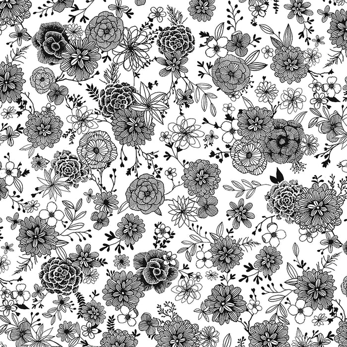 Tissu de coton PIVOINES aux fleurs noires & fond blanc - Oeko-Tex - tissuspapi