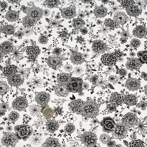 Tissu de coton PIVOINES aux fleurs noires & fond blanc - Oeko-Tex
