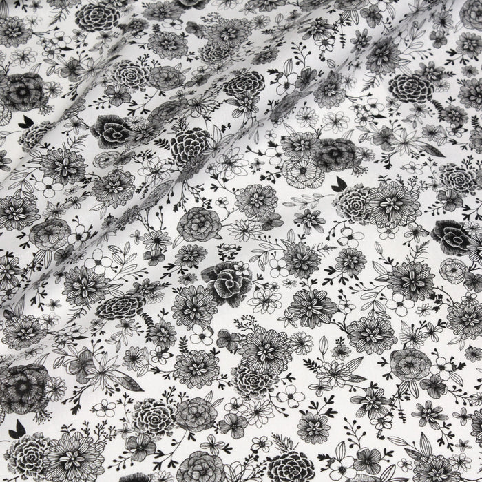 Tissu de coton PIVOINES aux fleurs noires & fond blanc - Oeko-Tex
