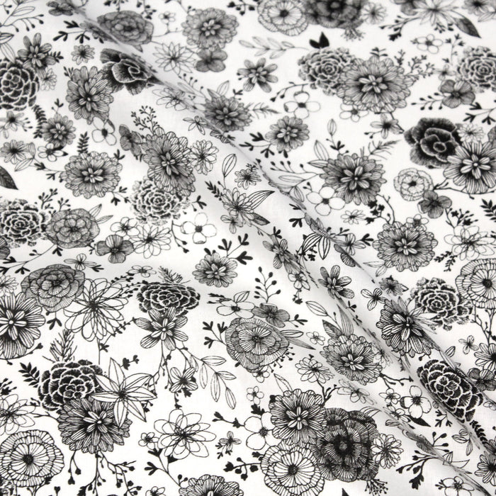 Tissu de coton PIVOINES aux fleurs noires & fond blanc - Oeko-Tex