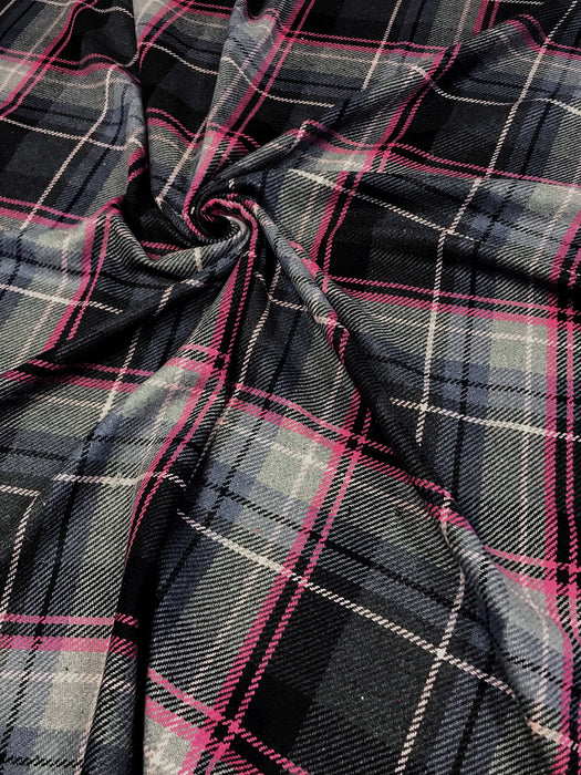 Tissu lainage tartan CLYDE à carreaux noirs, gris, blancs & rose fuchsia - tissuspapi