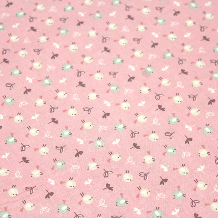 Tissu de coton aux petits oiseaux & fleurs, fond rose - OEKO-TEX® - tissuspapi