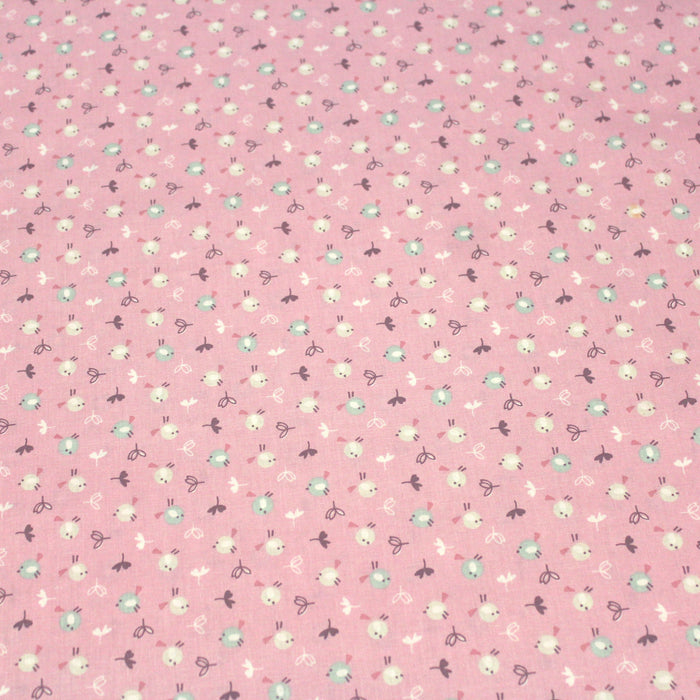 Tissu de coton aux petits oiseaux & fleurs, fond rose - OEKO-TEX® - tissuspapi