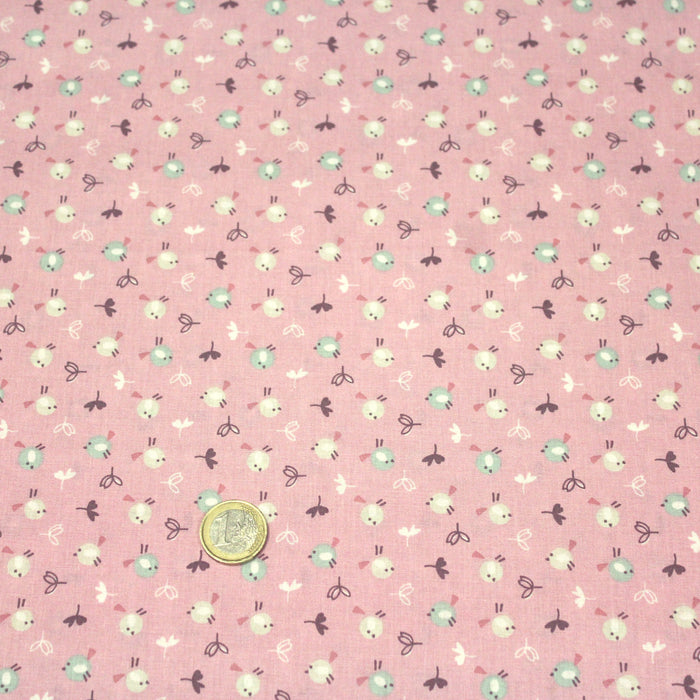 Tissu de coton aux petits oiseaux & fleurs, fond rose - OEKO-TEX® - tissuspapi