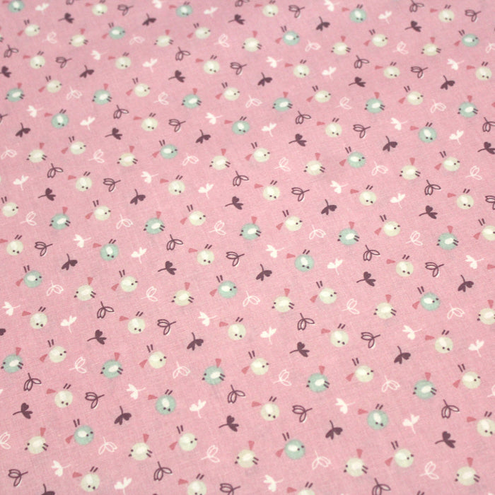 Tissu de coton aux petits oiseaux & fleurs, fond rose - OEKO-TEX® - tissuspapi