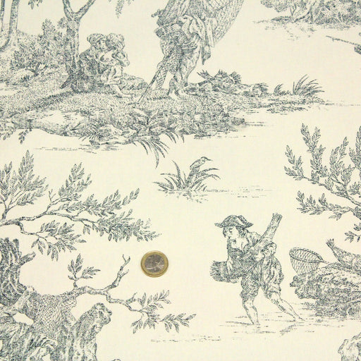 Tissu de coton demi-natté toile de Jouy traditionnelle, grande largeur 280cm, fond écru & motif vert - Scène de pêche - Oeko-Tex - tissuspapi