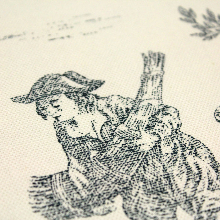 Tissu de coton demi-natté toile de Jouy traditionnelle, grande largeur 280cm, fond écru & motif vert - Scène de pêche - Oeko-Tex