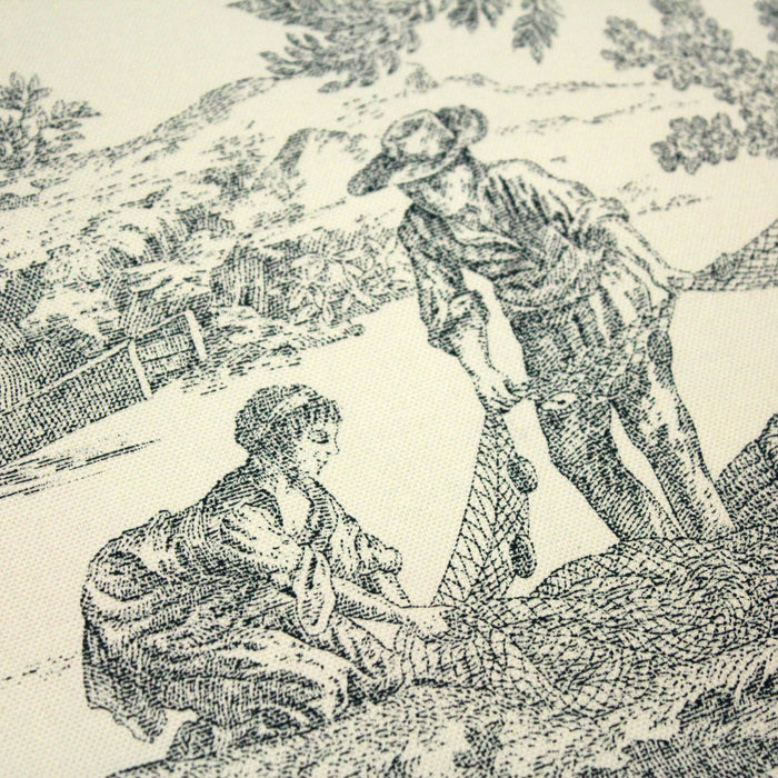 Tissu de coton demi-natté toile de Jouy traditionnelle, grande largeur 280cm, fond écru & motif vert - Scène de pêche - Oeko-Tex - tissuspapi
