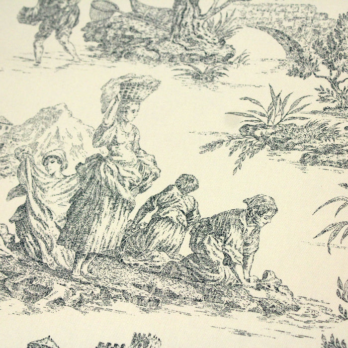 Tissu de coton demi-natté toile de Jouy traditionnelle, grande largeur 280cm, fond écru & motif vert - Scène de pêche - Oeko-Tex - tissuspapi