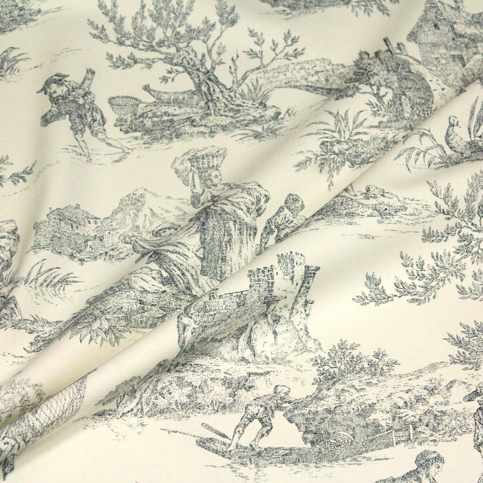 Tissu de coton demi-natté toile de Jouy traditionnelle, grande largeur 280cm, fond écru & motif vert - Scène de pêche - Oeko-Tex - tissuspapi