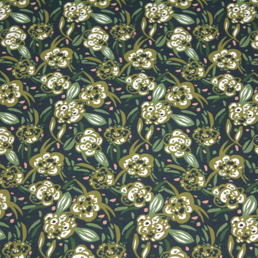 Tissu de coton tropical aux fleurs vert kaki, fond bleu nuit - Oeko-Tex - tissuspapi