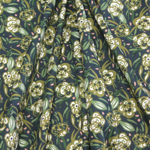 Tissu de coton tropical aux fleurs vert kaki, fond bleu nuit - Oeko-Tex - tissuspapi