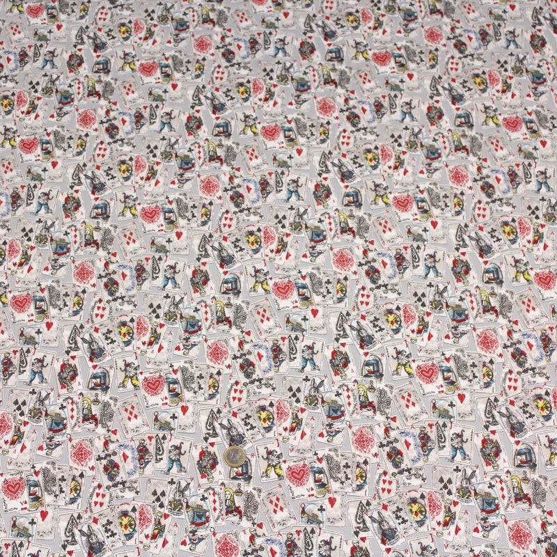 Tissu de coton ALICE au lapin blanc & au jeu de cartes, fond gris clair - Oeko - Tex - TissusPapi.com