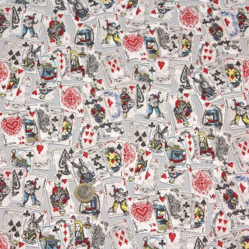 Tissu de coton ALICE au lapin blanc & au jeu de cartes, fond gris clair - Oeko - Tex - TissusPapi.com