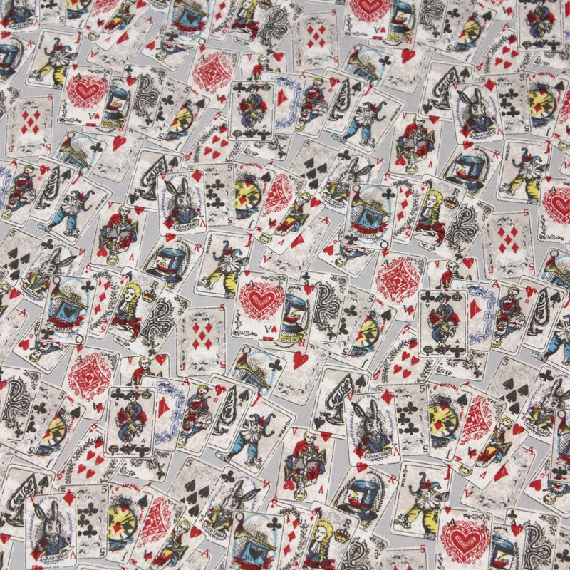 Tissu de coton ALICE au lapin blanc & au jeu de cartes, fond gris clair - Oeko - Tex - TissusPapi.com