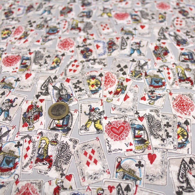 Tissu de coton ALICE au lapin blanc & au jeu de cartes, fond gris clair - Oeko - Tex - TissusPapi.com