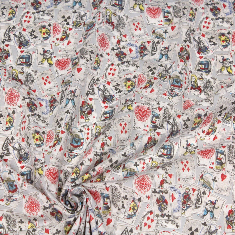 Tissu de coton ALICE au lapin blanc & au jeu de cartes, fond gris clair - Oeko - Tex - TissusPapi.com