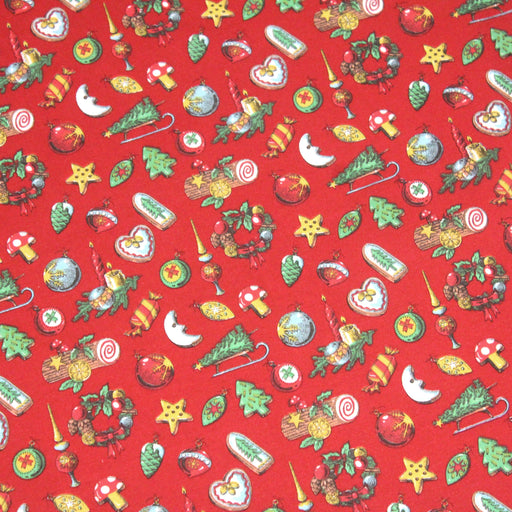 Tissu de coton de Noël aux objets traditionnels, fond rouge - Oeko-Tex - tissuspapi
