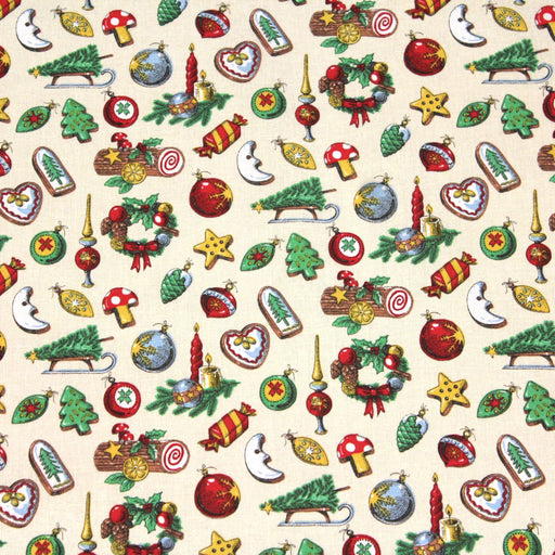 Tissu de coton de Noël aux objets traditionnels, fond écru - Oeko-Tex - tissuspapi