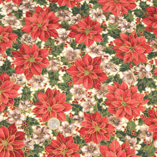 Tissu popeline de coton de Noël aux fleurs rouges et houx vert - tissuspapi