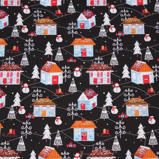 Tissu popeline de coton de Noël - Les maisons sous la neige, fond noir - tissuspapi