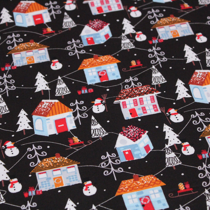 Tissu popeline de coton de Noël - Les maisons sous la neige, fond noir - tissuspapi