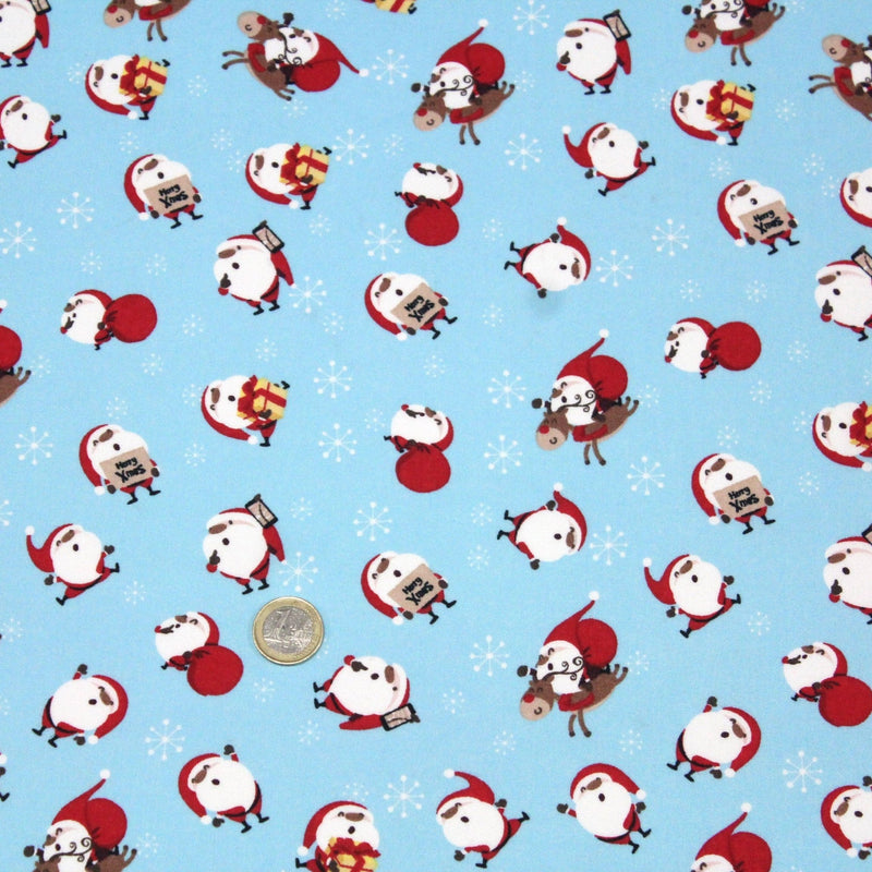 Tissu popeline de coton de Noël - Le père Noël, fond bleu ciel - TissusPapi.com