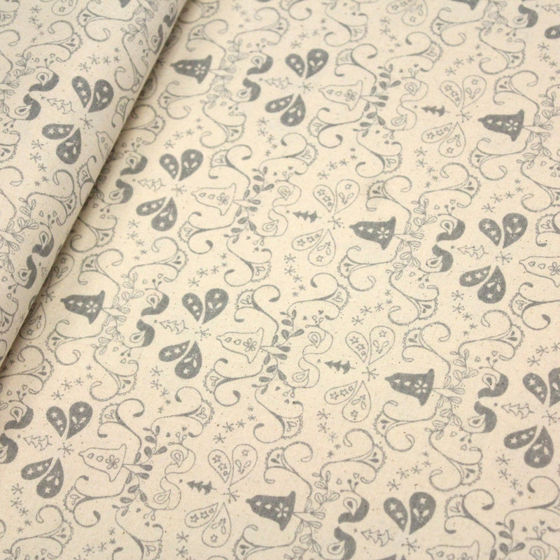 Tissu de coton de Noël scandinave aux cloches & arabesques grises, fond écru - TissusPapi.com