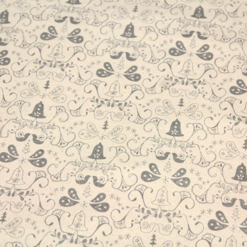 Tissu de coton de Noël scandinave aux cloches & arabesques grises, fond écru - TissusPapi.com