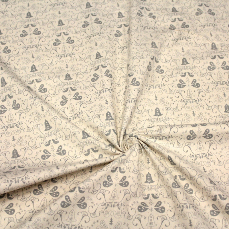Tissu de coton de Noël scandinave aux cloches & arabesques grises, fond écru - TissusPapi.com