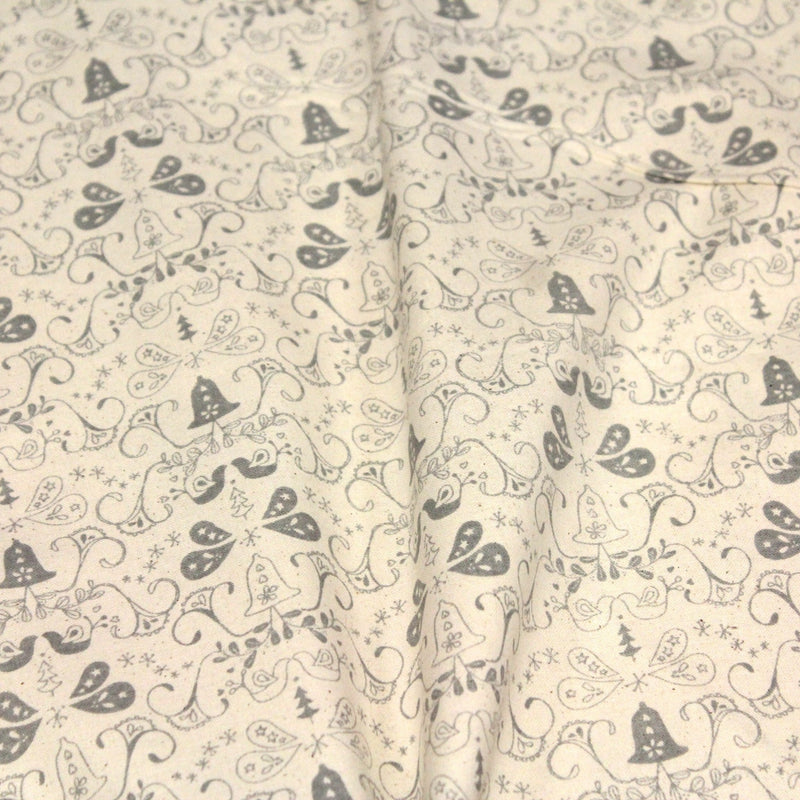 Tissu de coton de Noël scandinave aux cloches & arabesques grises, fond écru - TissusPapi.com