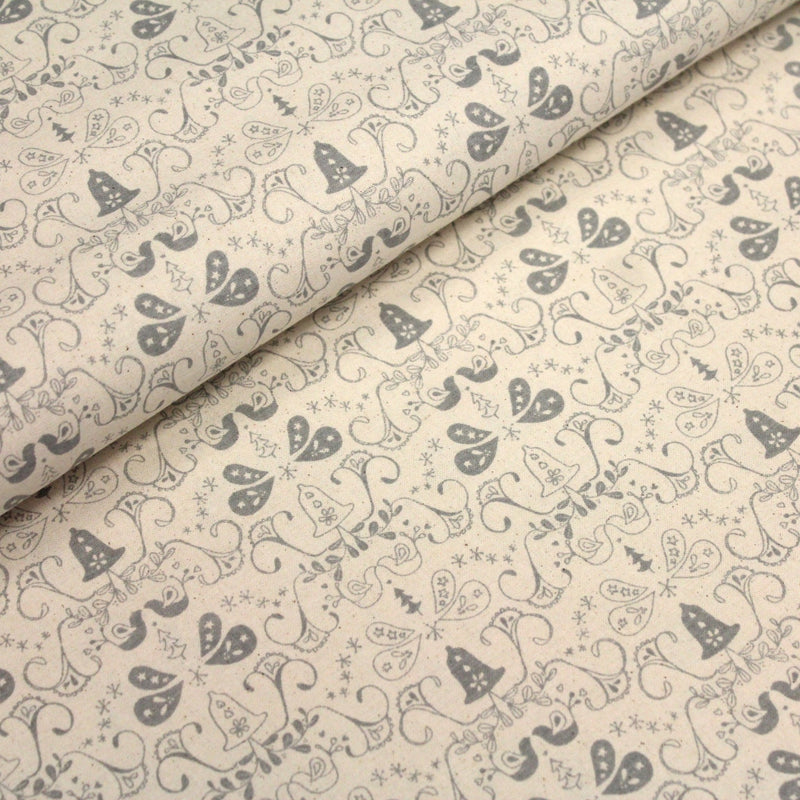 Tissu de coton de Noël scandinave aux cloches & arabesques grises, fond écru - TissusPapi.com