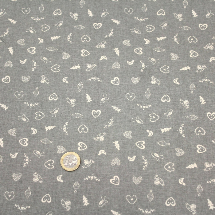 Tissu de coton de Noël scandinave aux petits objets de Noël écrus, fond gris - tissuspapi