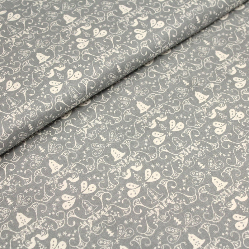 Tissu de coton de Noël scandinave aux cloches & arabesques écrues, fond gris - TissusPapi.com