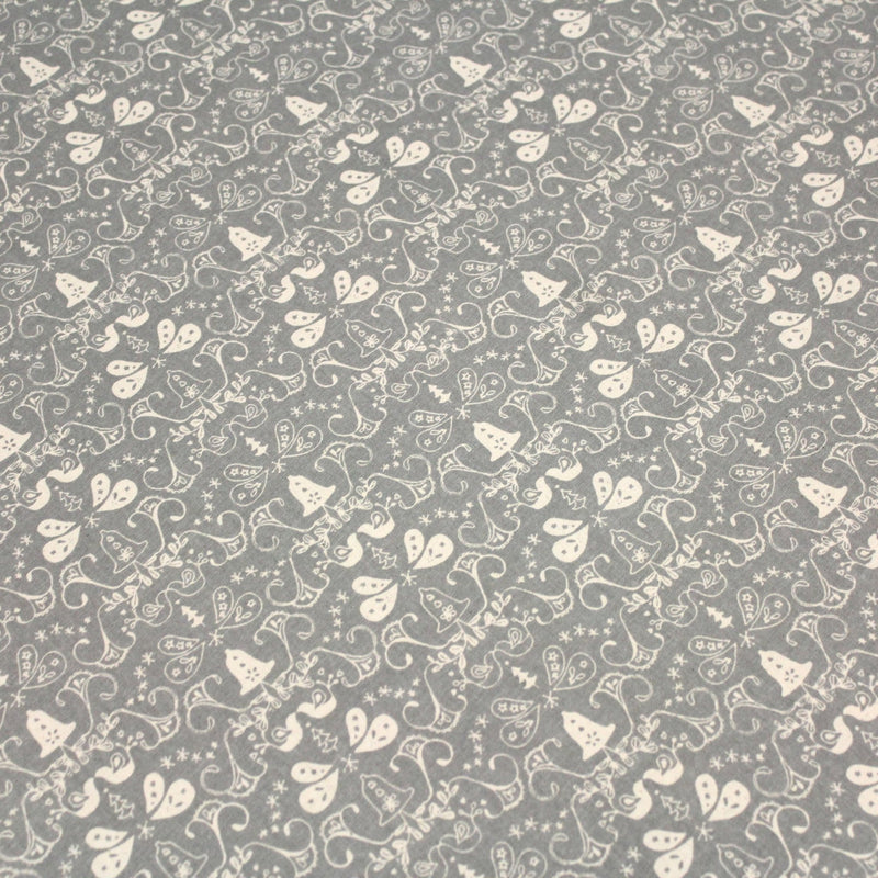 Tissu de coton de Noël scandinave aux cloches & arabesques écrues, fond gris - TissusPapi.com