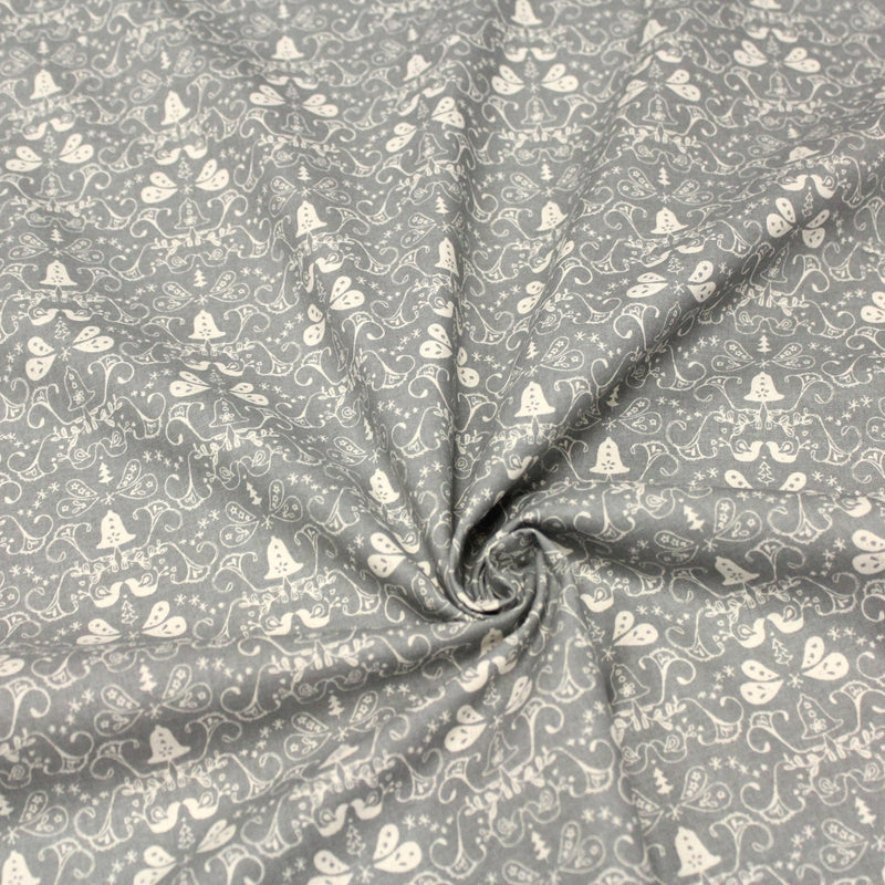 Tissu de coton de Noël scandinave aux cloches & arabesques écrues, fond gris - TissusPapi.com