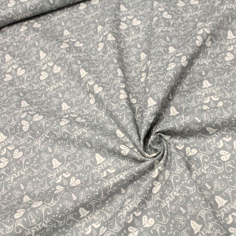 Tissu de coton de Noël scandinave aux cloches & arabesques écrues, fond gris - TissusPapi.com