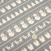 Tissu de coton de Noël scandinave aux bonshommes de neige, rennes, pingouins, sapins de Noël écrus, fond gris - TissusPapi.com