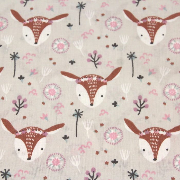 Tissu de coton KAWAII aux têtes de biches mignonnes & petites fleurs, fond gris - OEKO-TEX® - tissuspapi