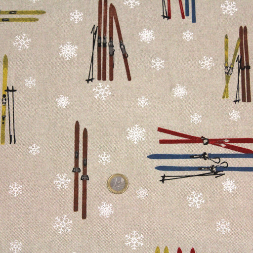 Tissu de coton façon lin aux skis multicolores & flocons de neige - Oeko-Tex - tissuspapi